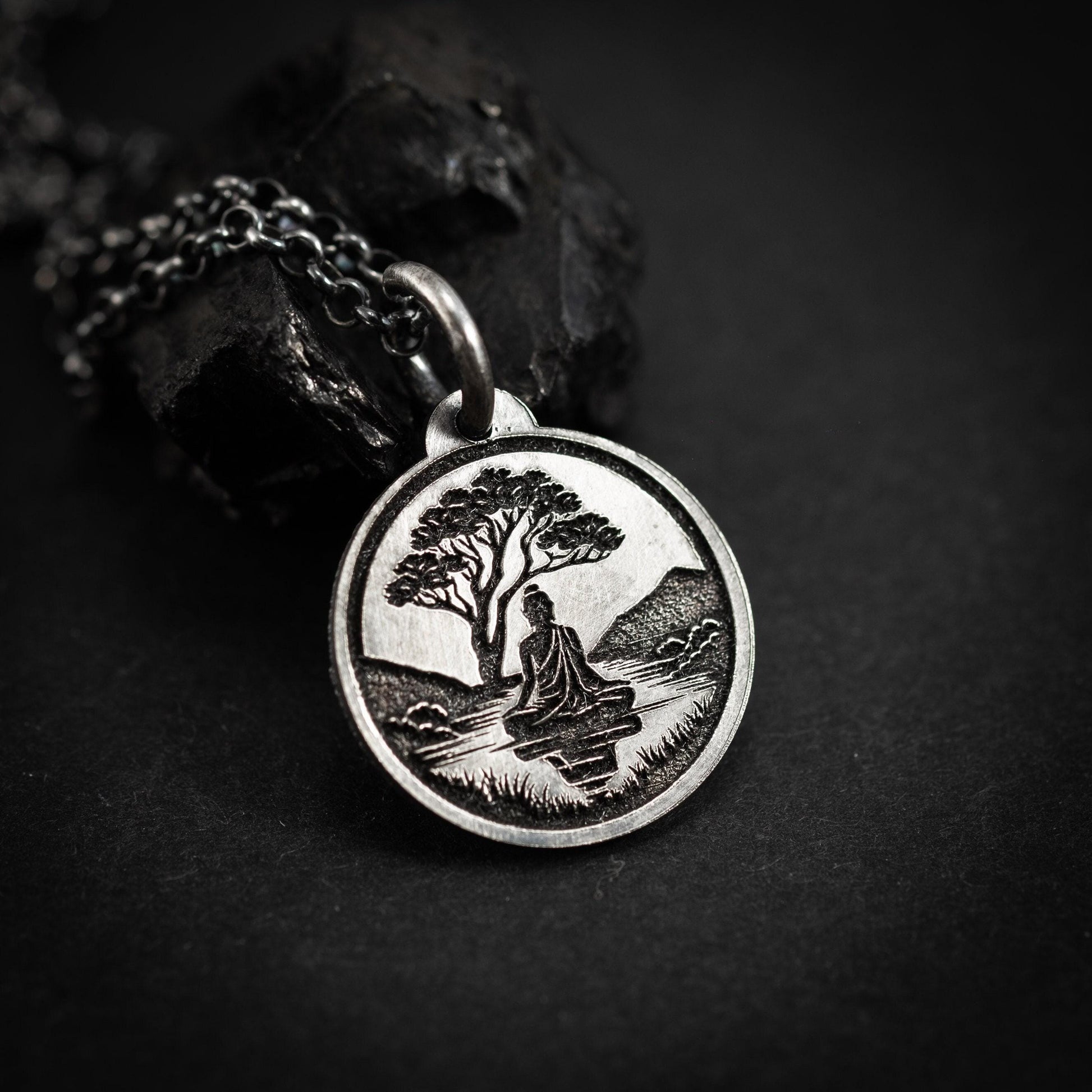 Buddha Meditation silver pendant necklace, Buddhist yoga handmade spiritual jewelry, Mindfulnes gift for him, mens necklace, Anxiety relief