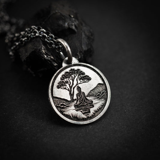 Buddha Meditation silver pendant necklace, Buddhist yoga handmade spiritual jewelry, Mindfulnes gift for him, mens necklace, Anxiety relief