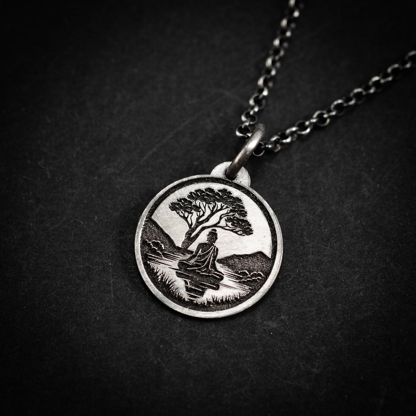 Buddha Meditation silver pendant necklace, Buddhist yoga handmade spiritual jewelry, Mindfulnes gift for him, mens necklace, Anxiety relief