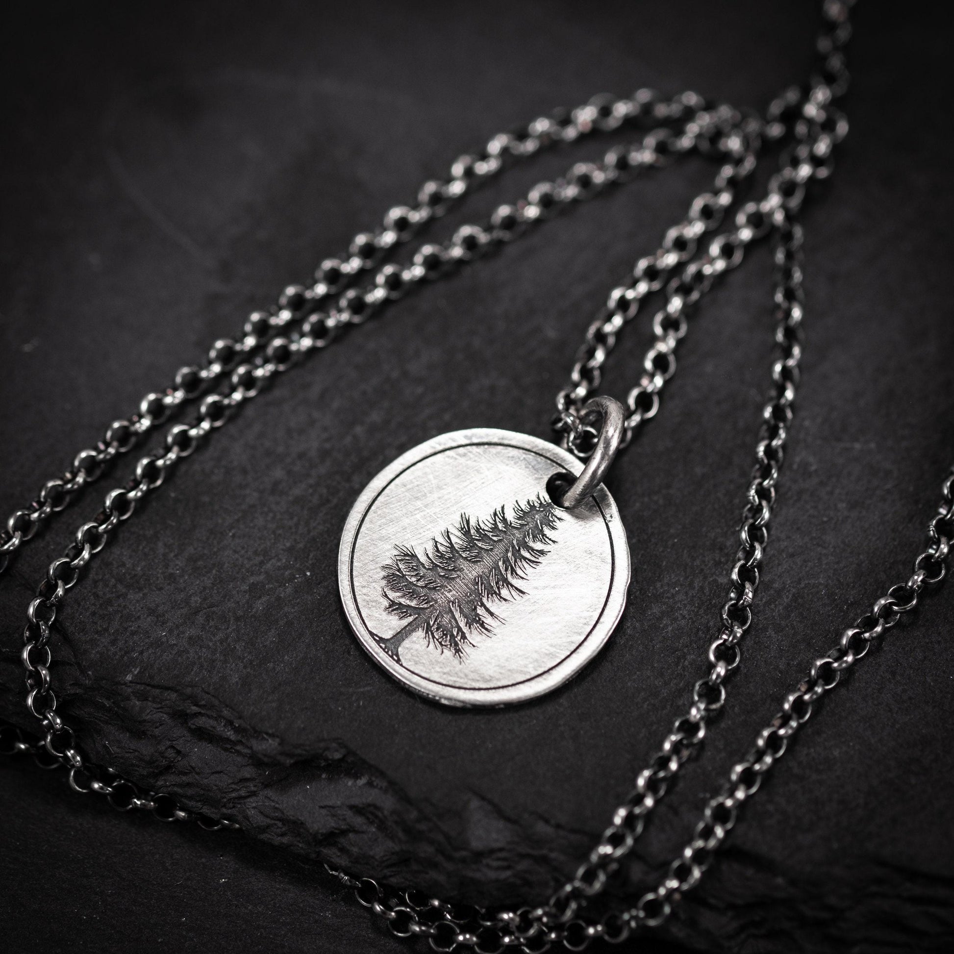 Silver Pine Tree pendant necklace, Personalized forest nature jewelry, engraved necklace, gift for her, mens necklace