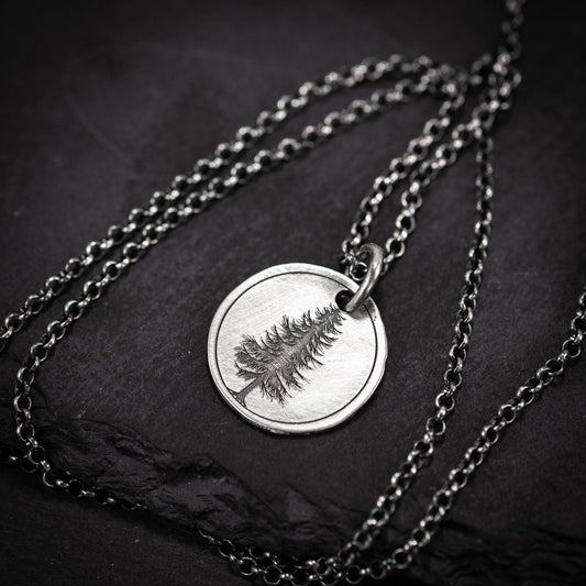 Silver Pine Tree pendant necklace, Personalized forest nature jewelry, engraved necklace, gift for her, mens necklace