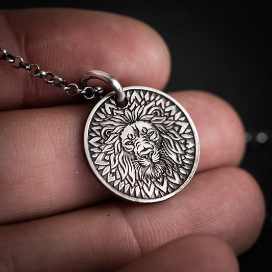 Lion Head Silver coin pendant necklace medallion, Mandala Protection Strength amulet Leo zodiac necklace, oxidized Astrology jewelry,