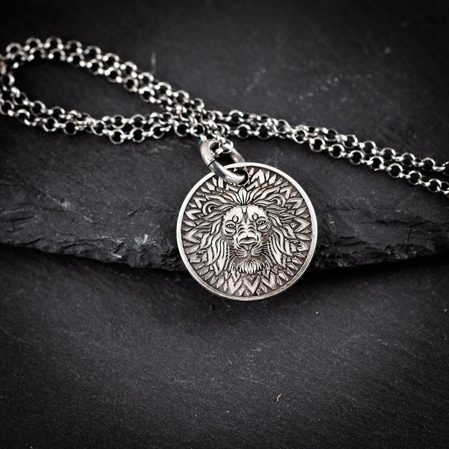 Lion Head Silver coin pendant necklace medallion, Mandala Protection Strength amulet Leo zodiac necklace, oxidized Astrology jewelry,