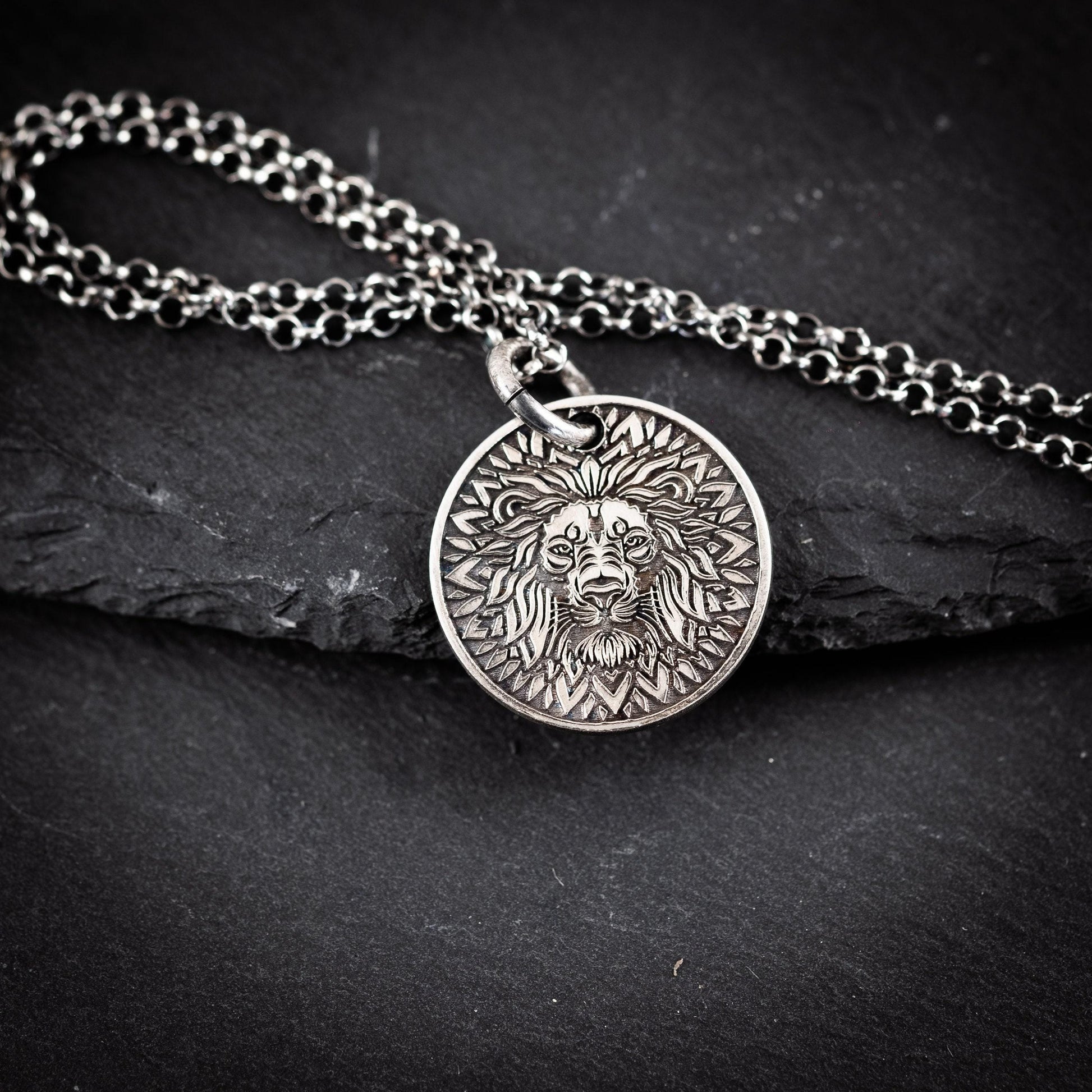 Lion Head Silver coin pendant necklace medallion, Mandala Protection Strength amulet Leo zodiac necklace, oxidized Astrology jewelry,