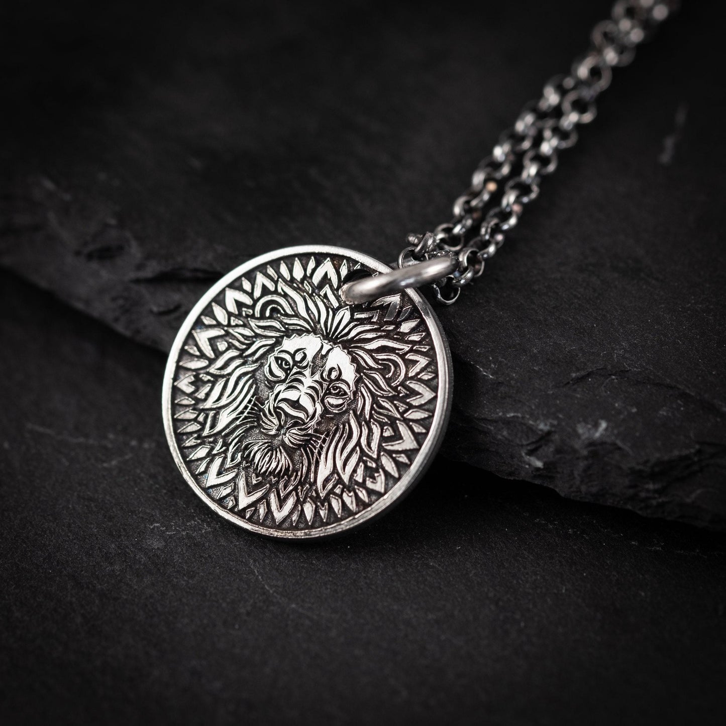 Lion Head Silver coin pendant necklace medallion, Mandala Protection Strength amulet Leo zodiac necklace, oxidized Astrology jewelry,