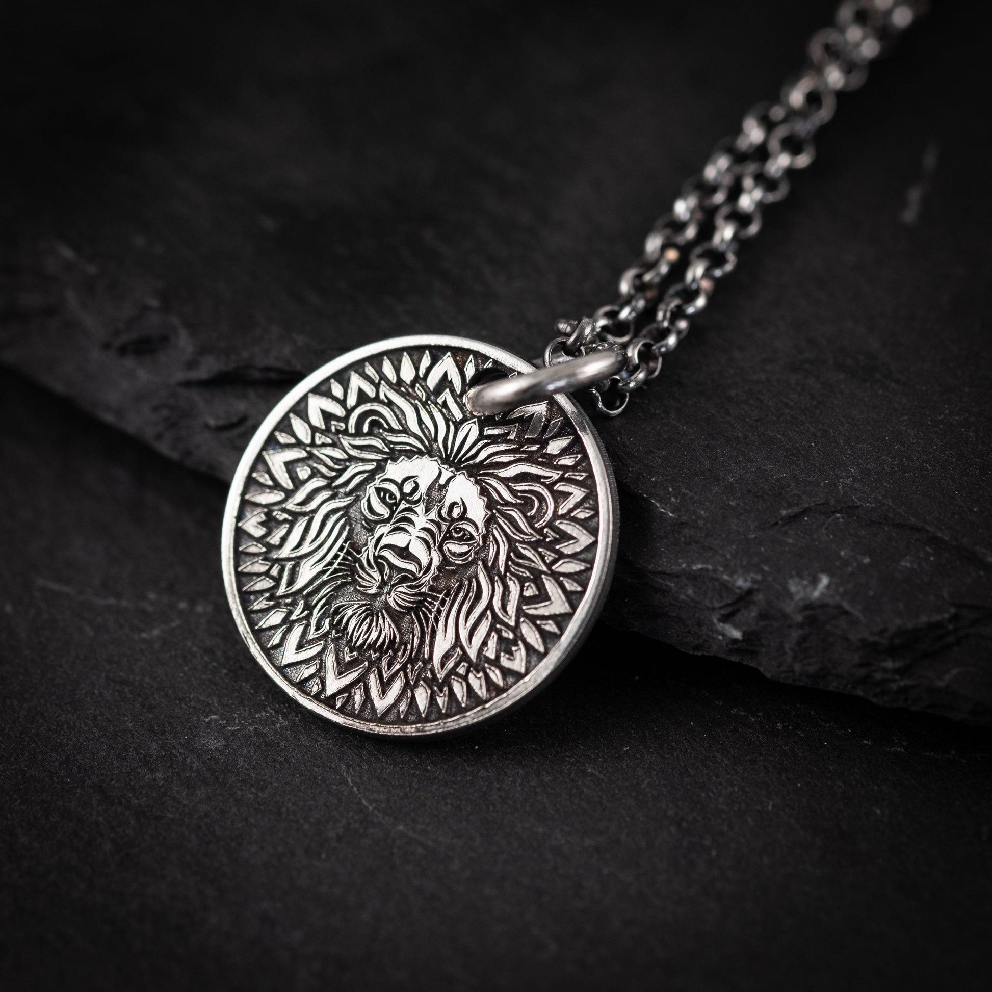 Lion Head Silver coin pendant necklace medallion, Mandala Protection Strength amulet Leo zodiac necklace, oxidized Astrology jewelry,