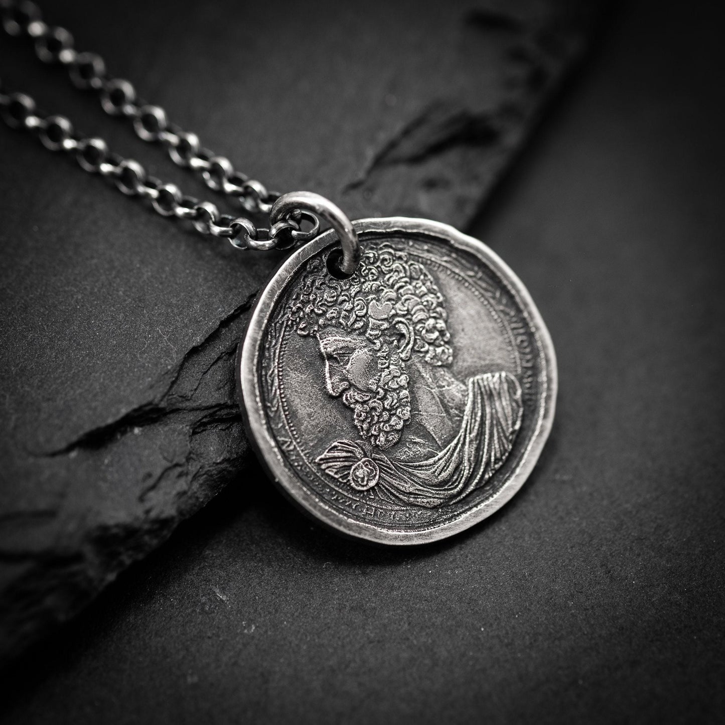 Silver Marcus Aurelius Roman emperor coin necklace, Ancient stoicism pendant, mens meditation gift, anxiety relief personalized jewelry
