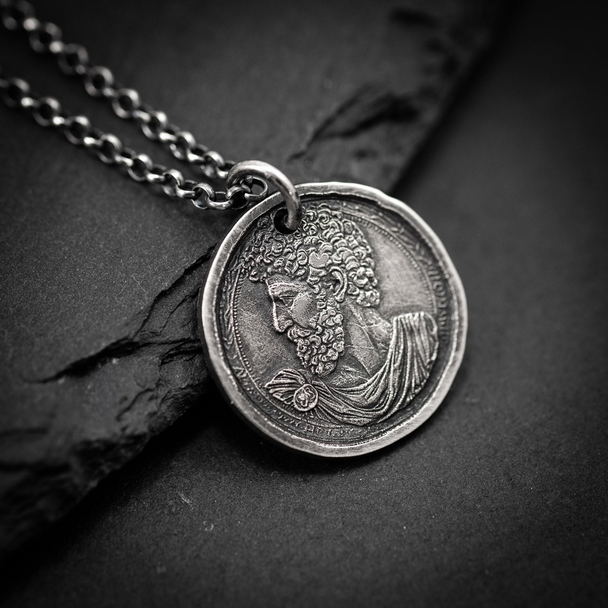 Silver Marcus Aurelius Roman emperor coin necklace, Ancient stoicism pendant, mens meditation gift, anxiety relief personalized jewelry