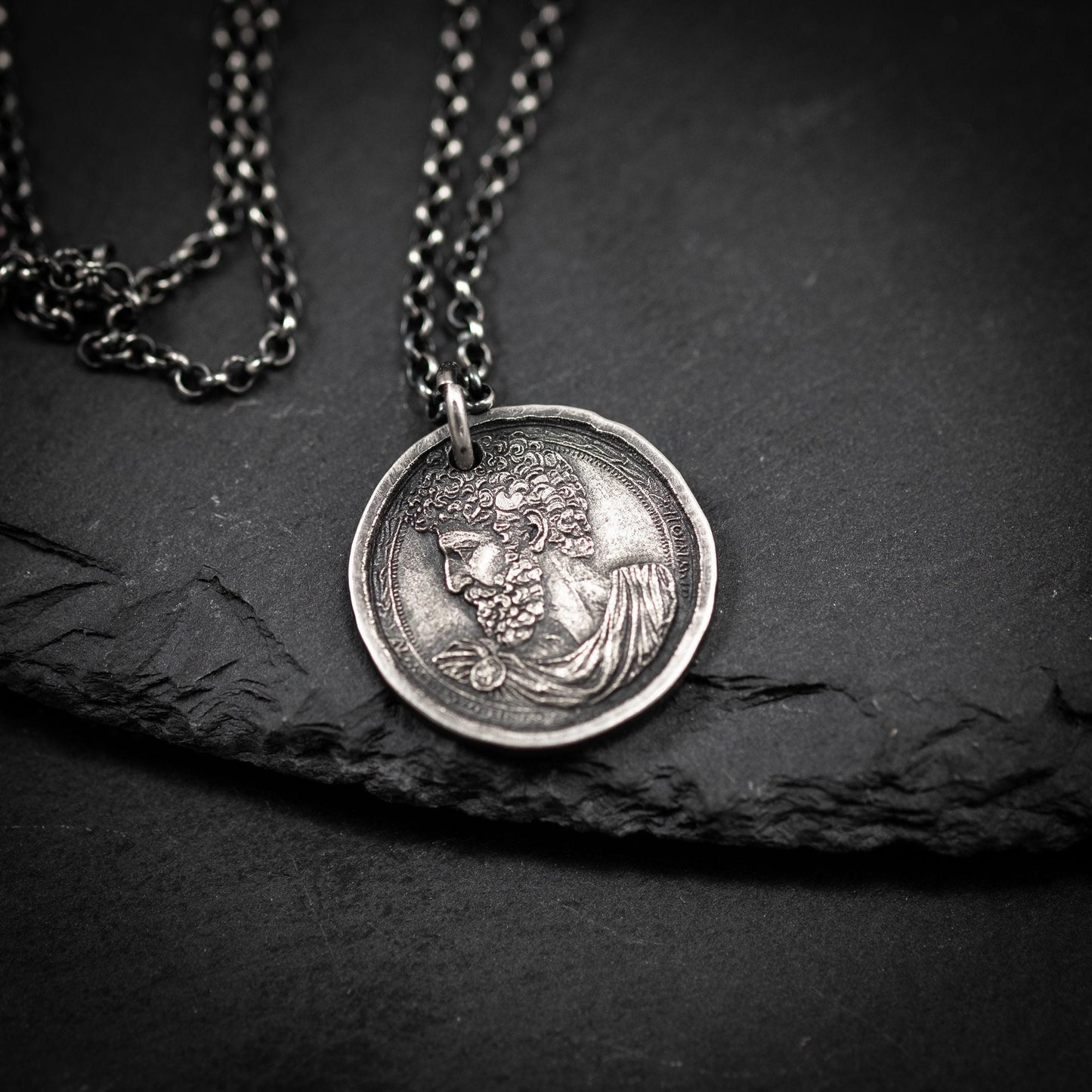 Silver Marcus Aurelius Roman emperor coin necklace, Ancient stoicism pendant, mens meditation gift, anxiety relief personalized jewelry