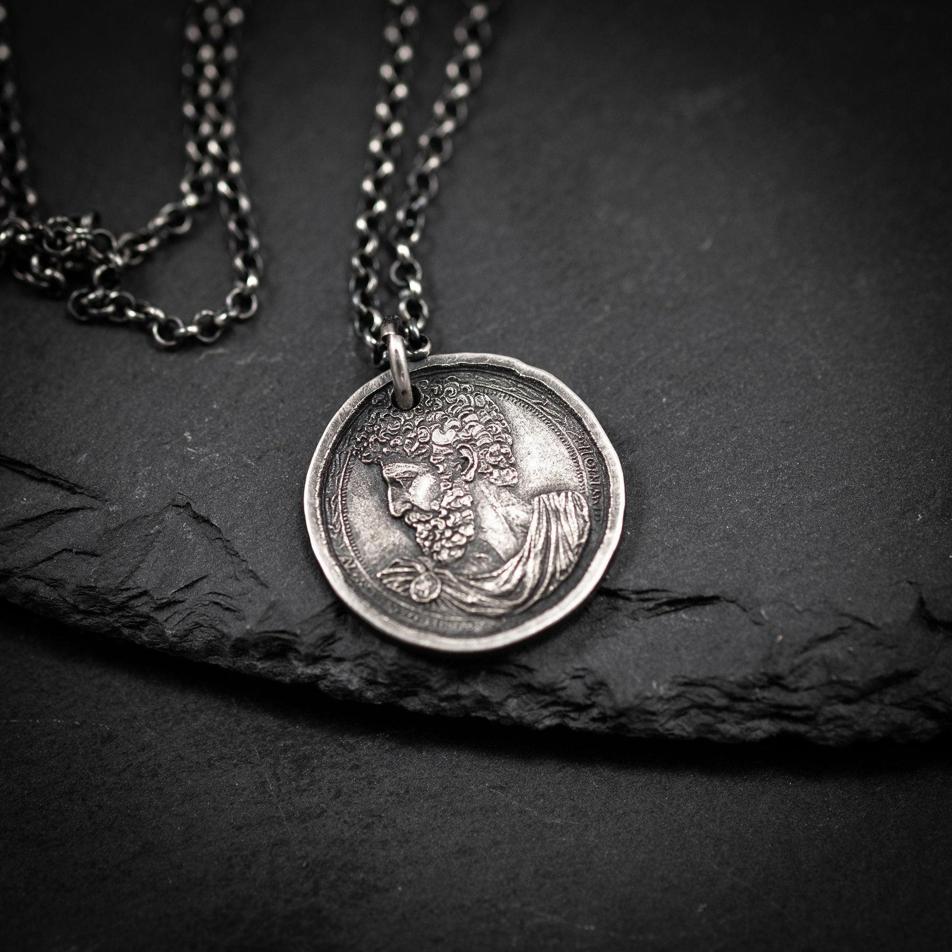 Silver Marcus Aurelius Roman emperor coin necklace, Ancient stoicism pendant, mens meditation gift, anxiety relief personalized jewelry