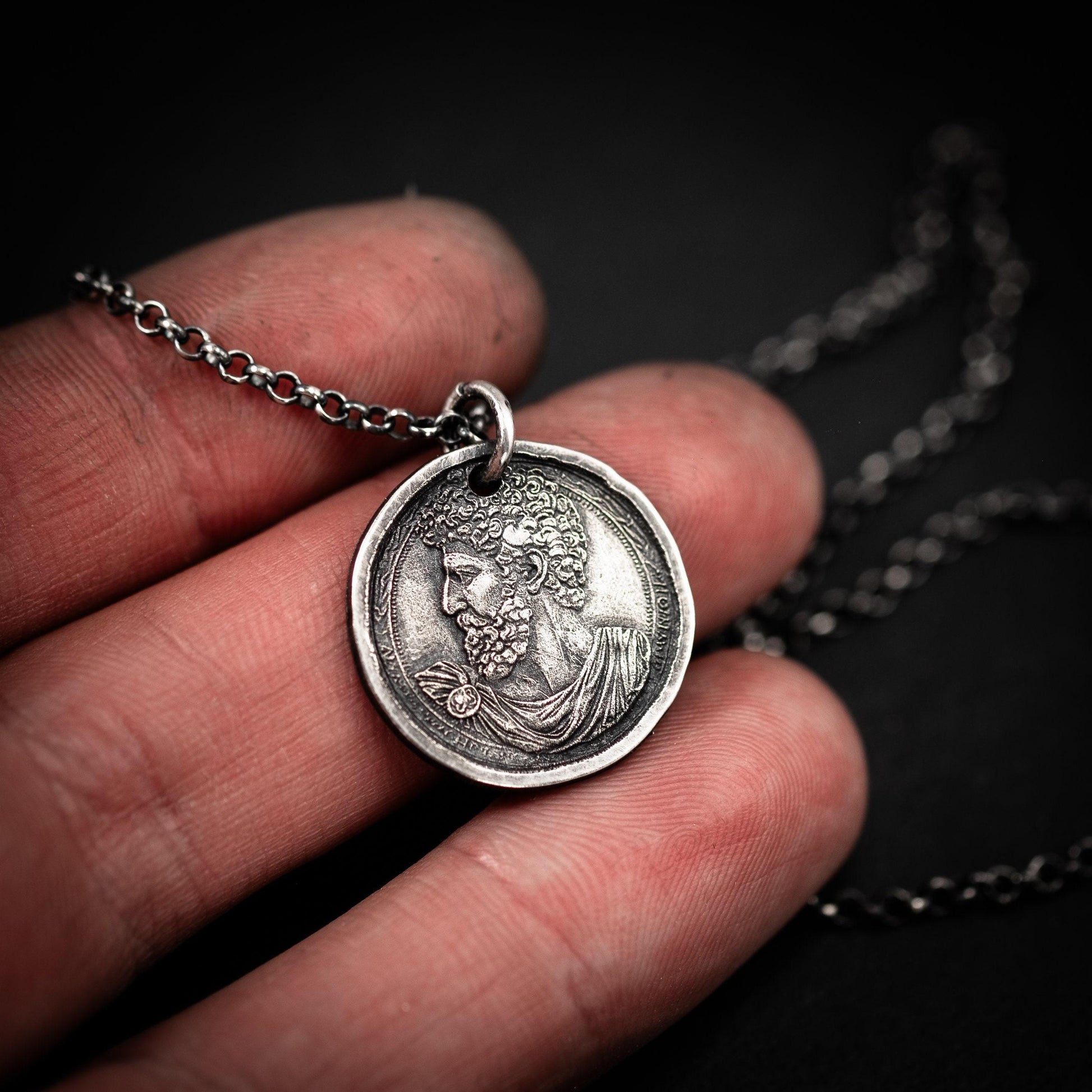 Silver Marcus Aurelius Roman emperor coin necklace, Ancient stoicism pendant, mens meditation gift, anxiety relief personalized jewelry
