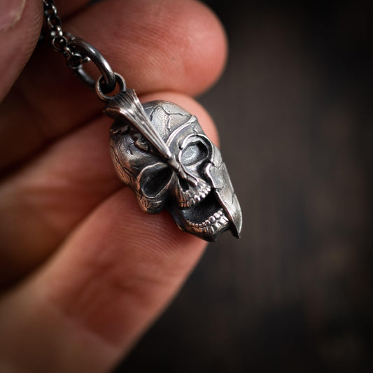Silver Spartan warrior skull pendant, Gladiator Helmet necklace,, Boyfriend handmade gift, Greek Mythology pendant, unique mens necklace