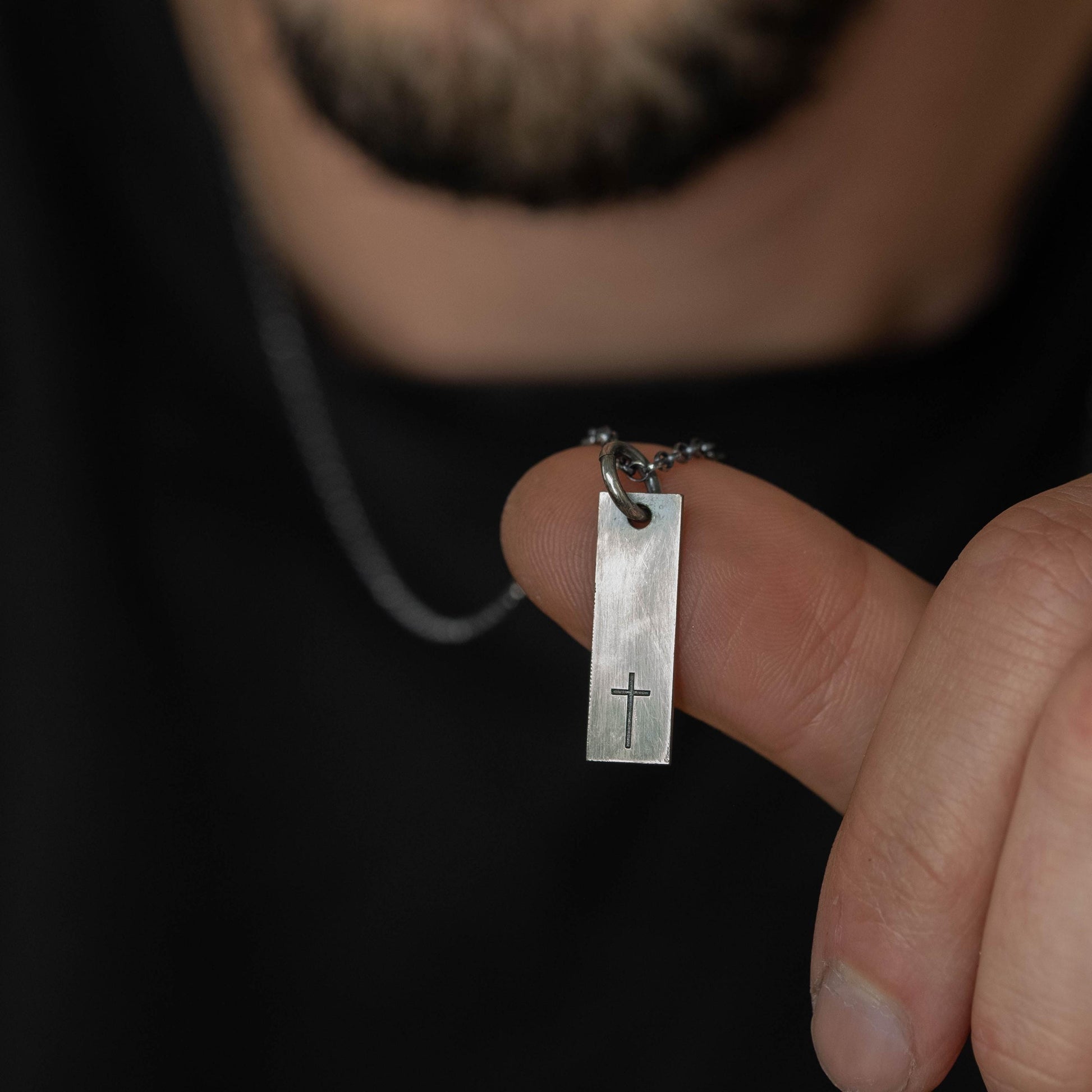 Minimalist Silver Cross Pendant – Rectangular Bar Necklace, Handmade Faith Jewelry for Men, Christmas gift