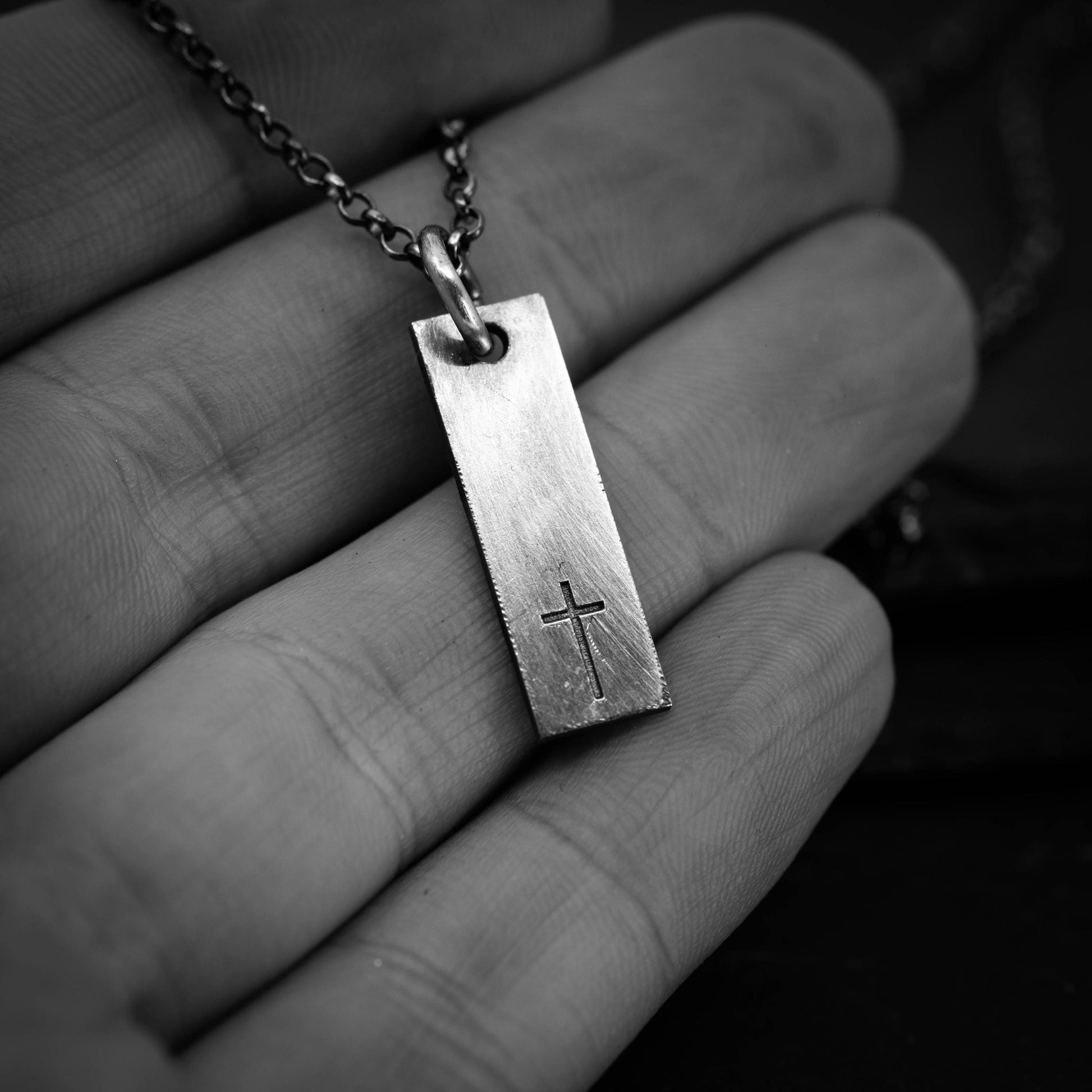 Minimalist Silver Cross Pendant – Rectangular Bar Necklace, Handmade Faith Jewelry for Men, Christmas gift