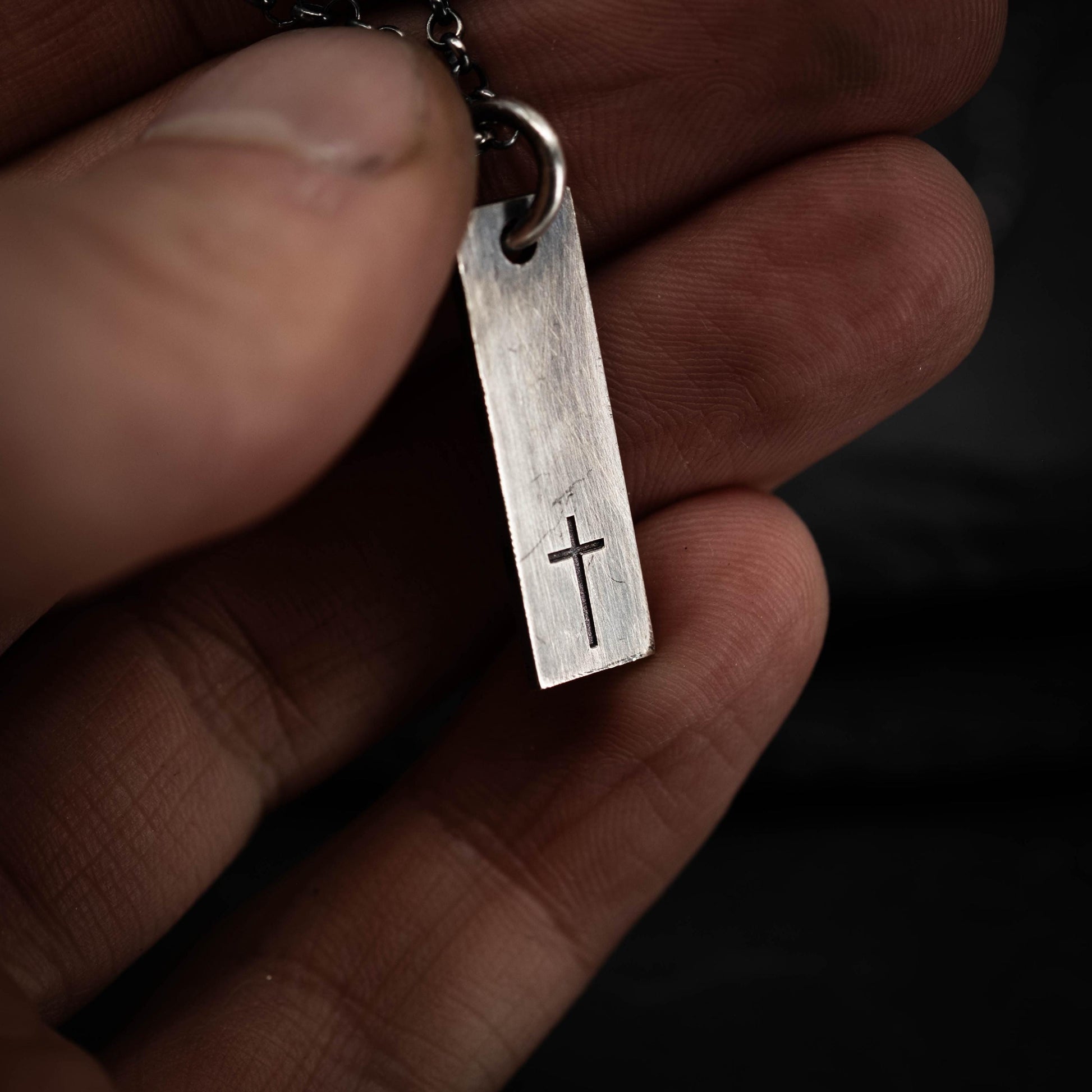 Minimalist Silver Cross Pendant – Rectangular Bar Necklace, Handmade Faith Jewelry for Men, Christmas gift
