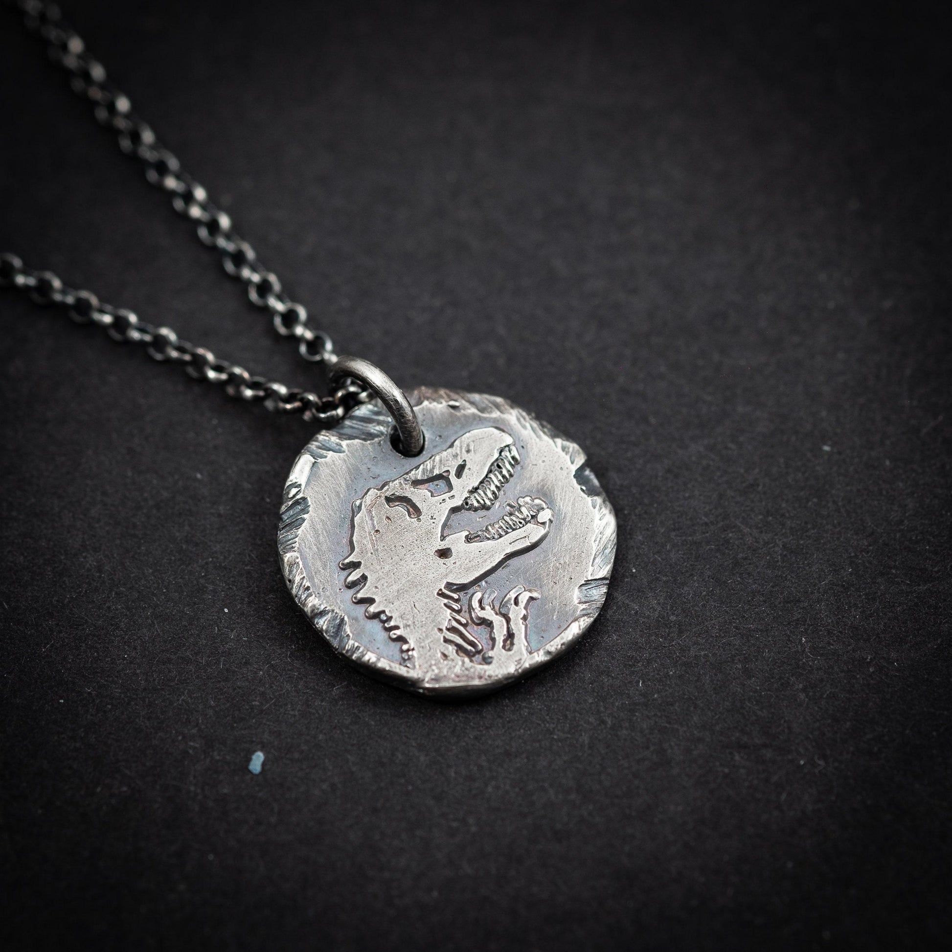 Dinosaur T-rex Silver mens pendant necklace, Rustix Handmade oxidized jewelry, Sterling silver mens gift