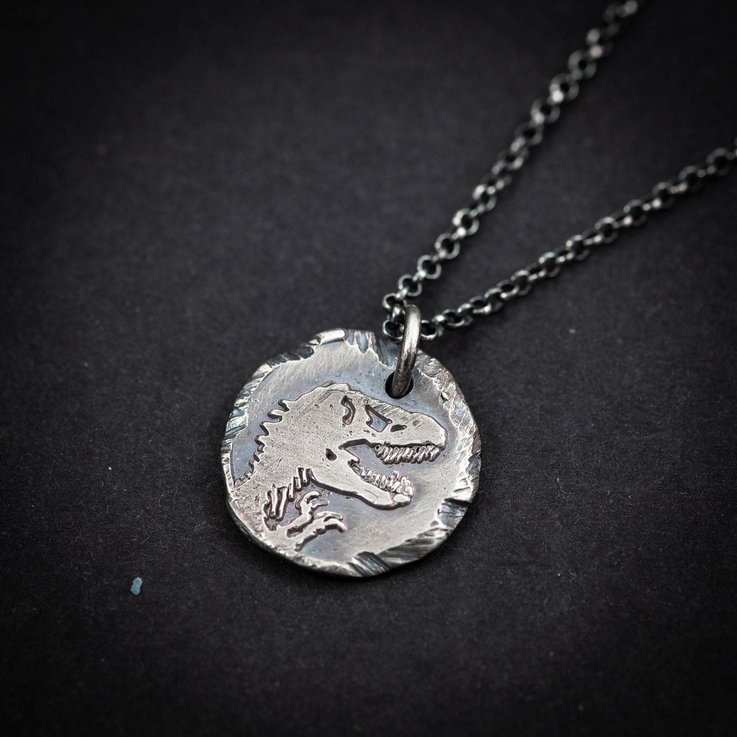 Dinosaur T-rex Silver mens pendant necklace, Rustix Handmade oxidized jewelry, Sterling silver mens gift