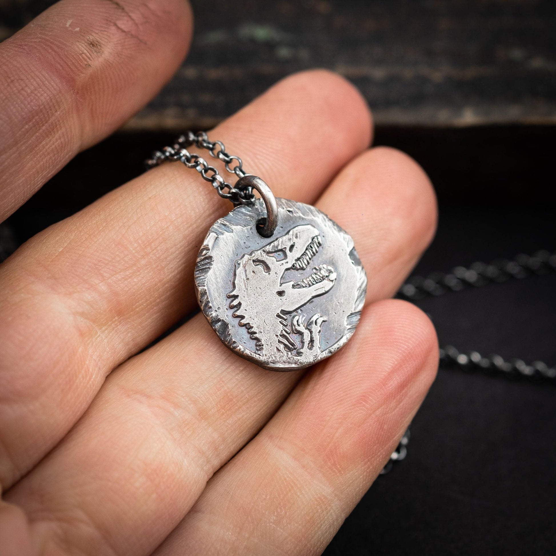Dinosaur T-rex Silver mens pendant necklace, Rustix Handmade oxidized jewelry, Sterling silver mens gift