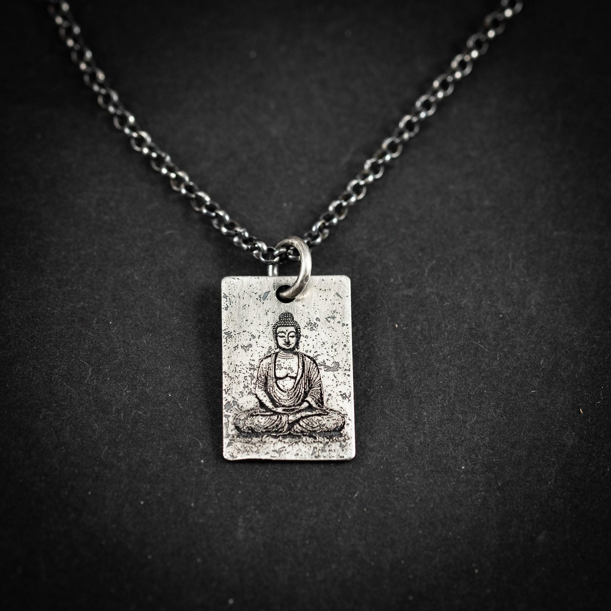 Silver Buddha calming anxiety relief pendant necklace, Unique Oxidized rustic personalized handmade jewelry