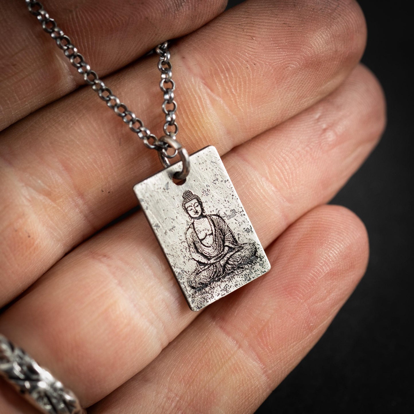 Silver Buddha calming anxiety relief pendant necklace, Unique Oxidized rustic personalized handmade jewelry
