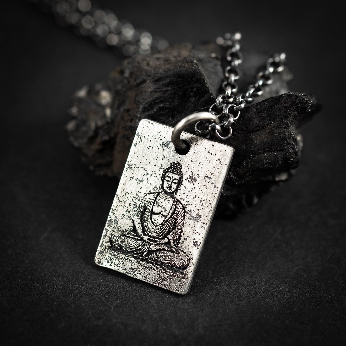 Silver Buddha calming anxiety relief pendant necklace, Unique Oxidized rustic personalized handmade jewelry