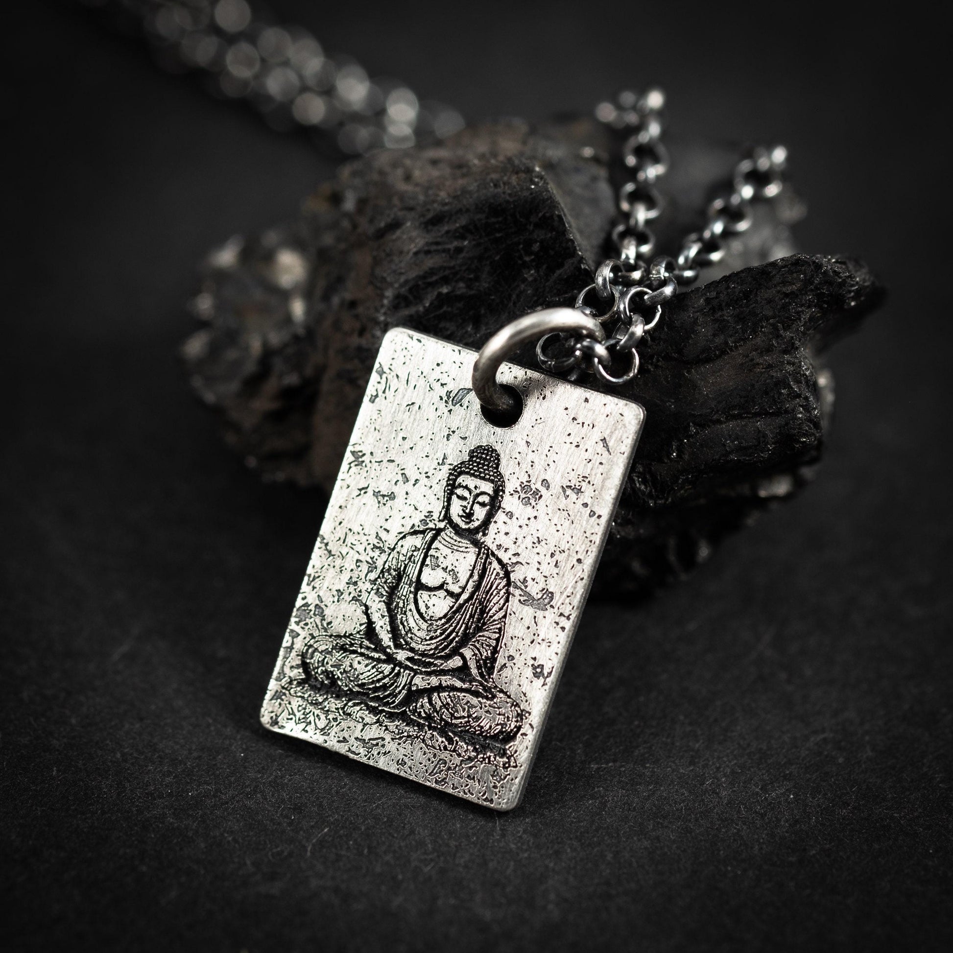 Silver Buddha calming anxiety relief pendant necklace, Unique Oxidized rustic personalized handmade jewelry