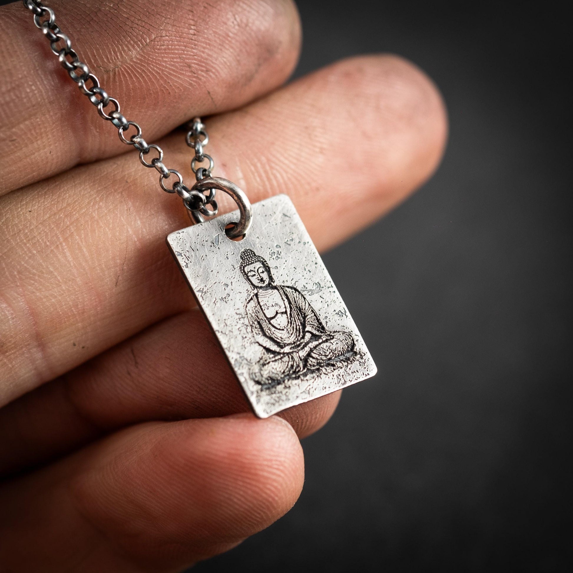 Silver Buddha calming anxiety relief pendant necklace, Unique Oxidized rustic personalized handmade jewelry