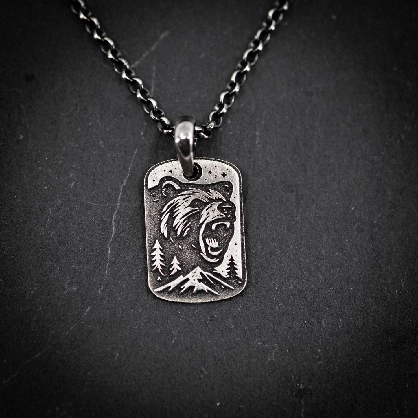 Mens Silver Bear Necklace – Engraved Wildlife Pendant, Nature Gift for Him