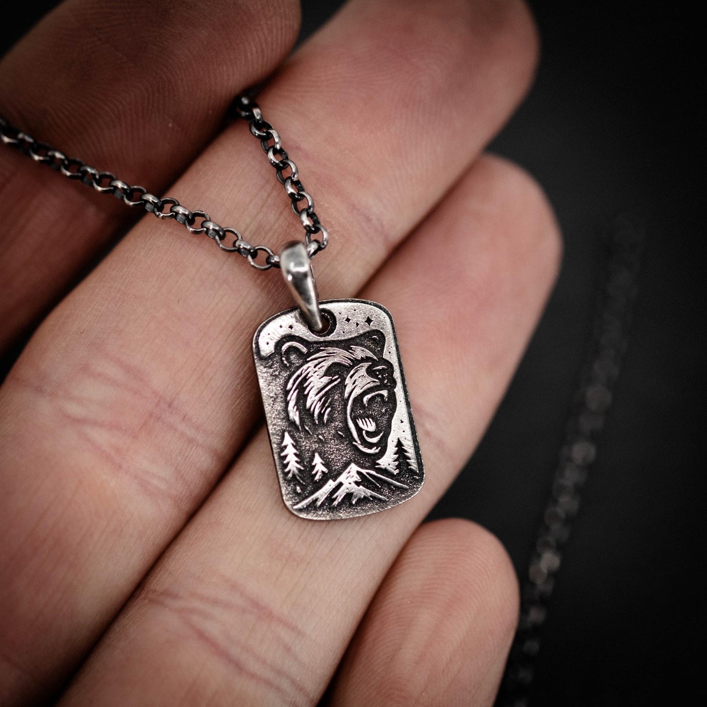 Mens Silver Bear Necklace – Engraved Wildlife Pendant, Nature Gift for Him
