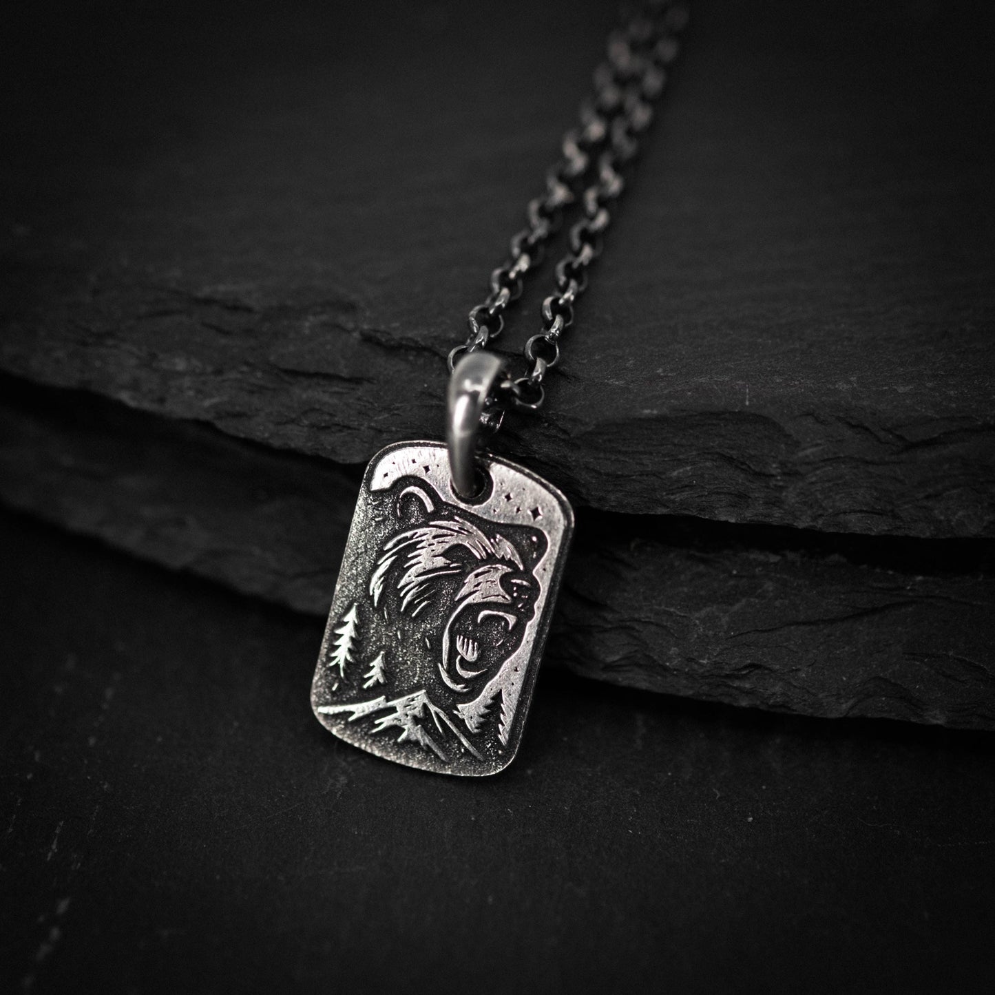 Mens Silver Bear Necklace – Engraved Wildlife Pendant, Nature Gift for Him