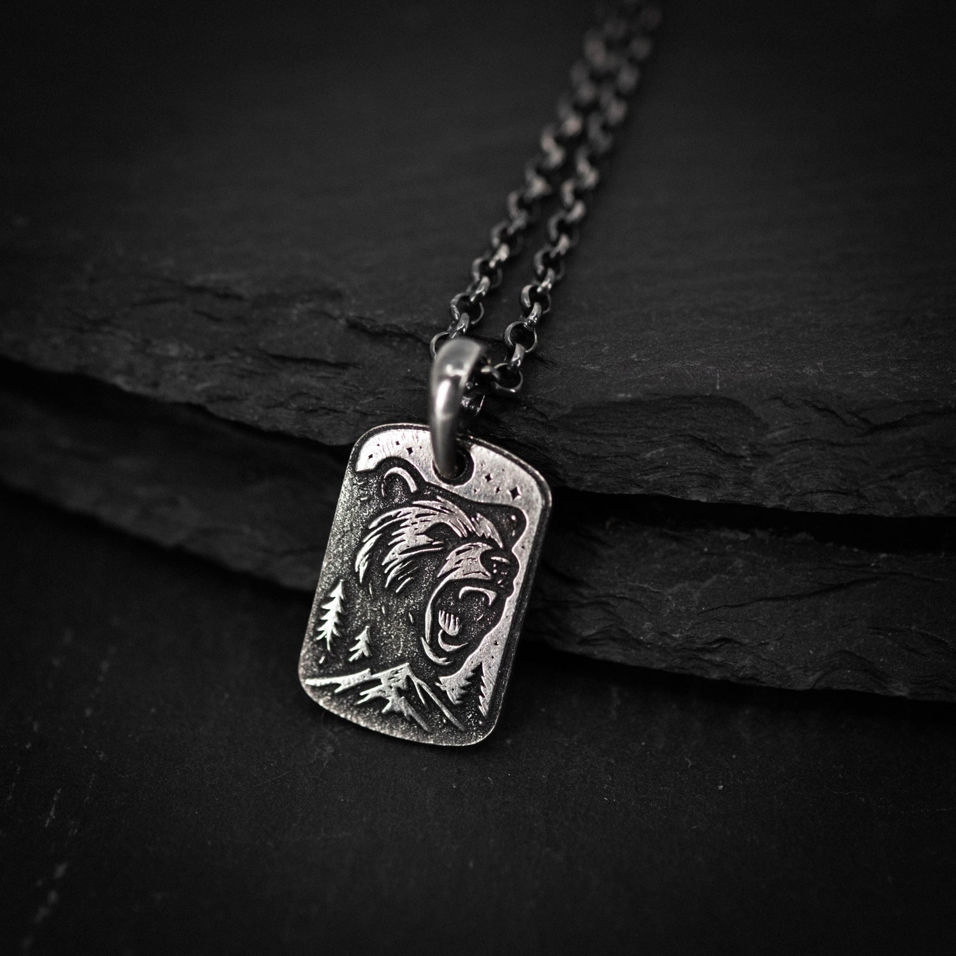 Mens Silver Bear Necklace – Engraved Wildlife Pendant, Nature Gift for Him