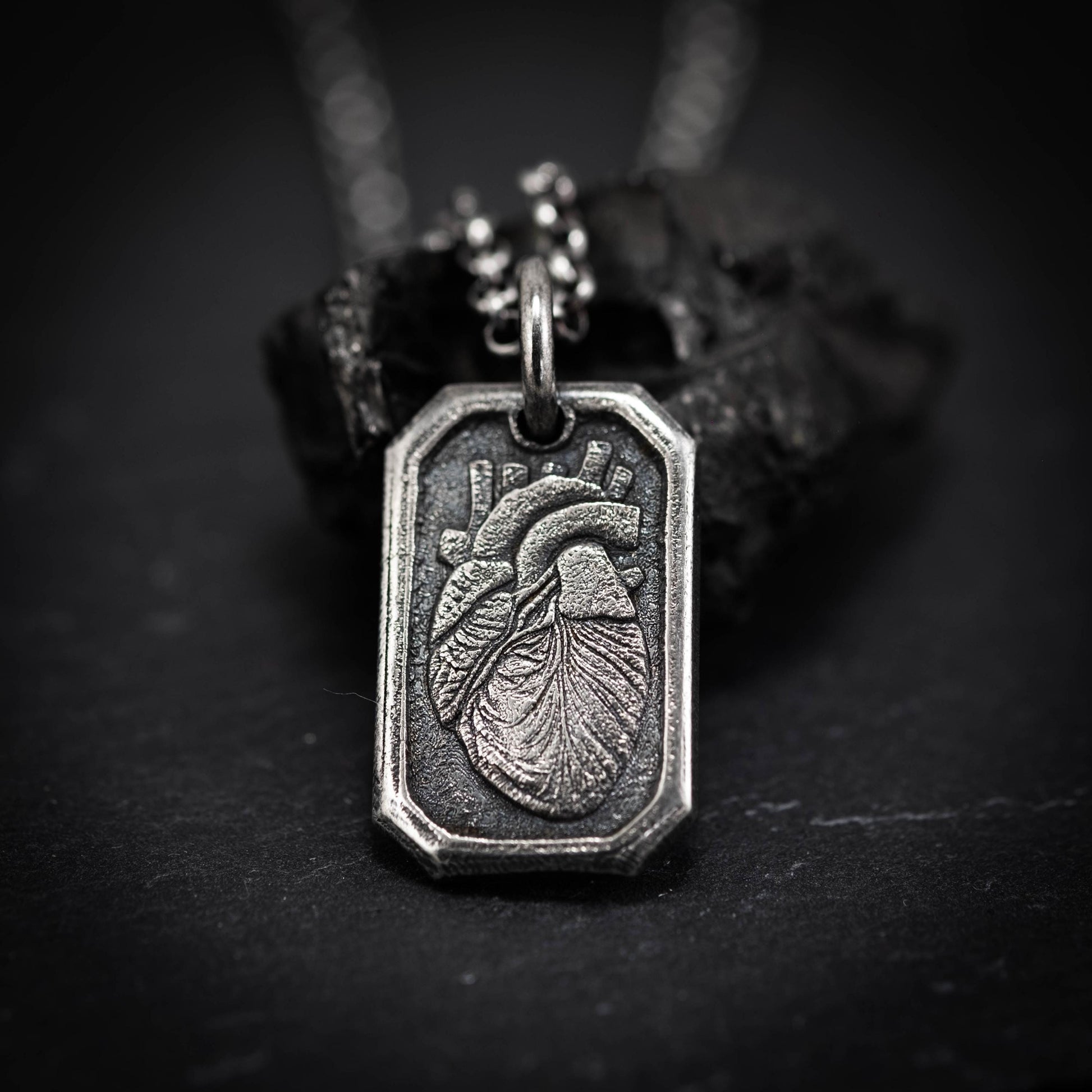 Human heart Silver Pendant necklace, Anatomical Necklace for Men, Oxidized Anatomy Jewelry, personalized engraved gift for men