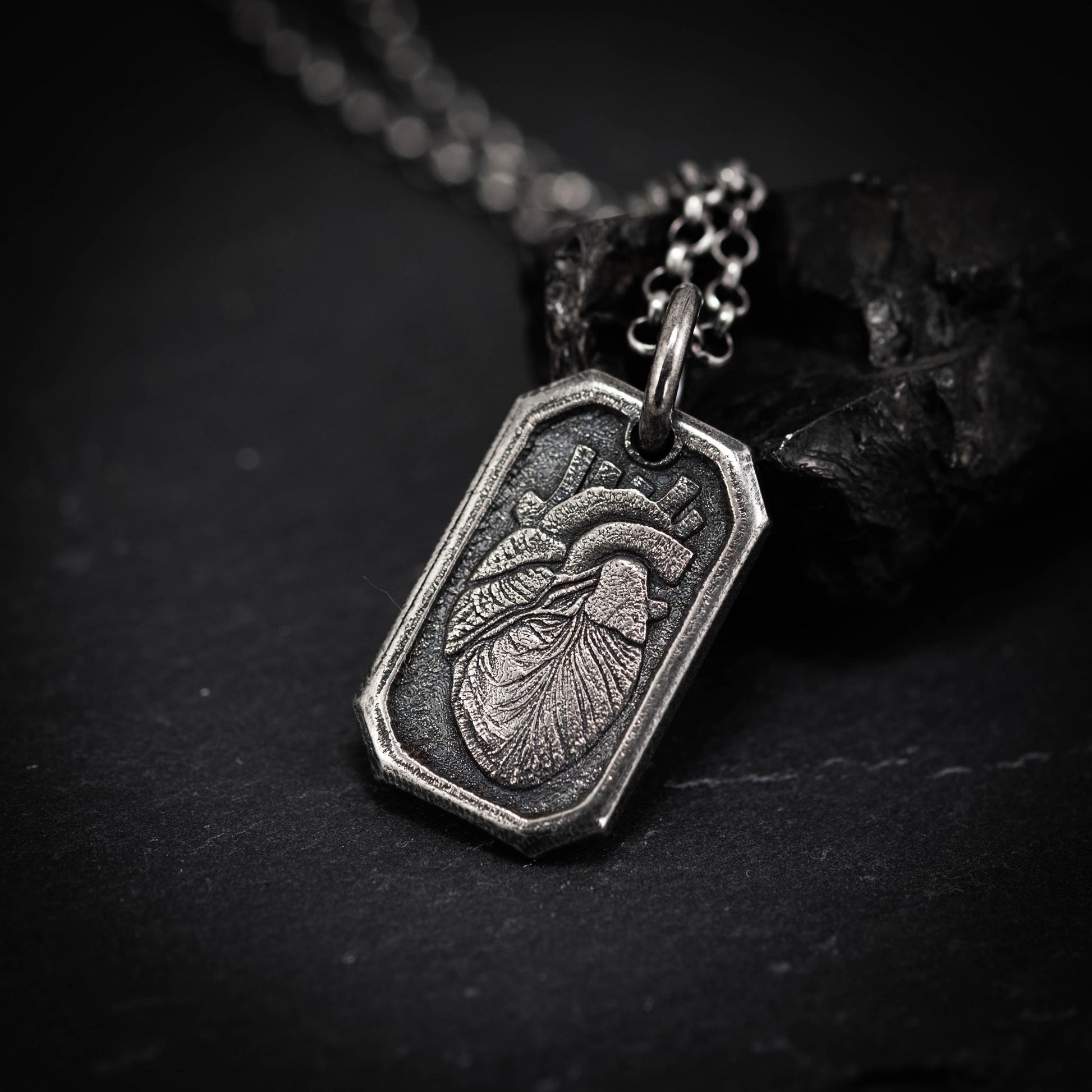 Human heart Silver Pendant necklace, Anatomical Necklace for Men, Oxidized Anatomy Jewelry, personalized engraved gift for men