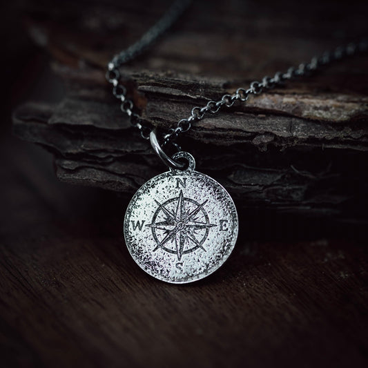 Rustic Compass Silver necklace for Men, Rustic Travel Pendant, Adventure gift