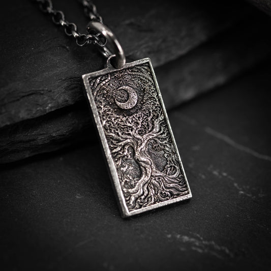 Silver Tree of Life and Moon pendant necklace, Unique mens jewelry, Personalized rustic necklace, men gift