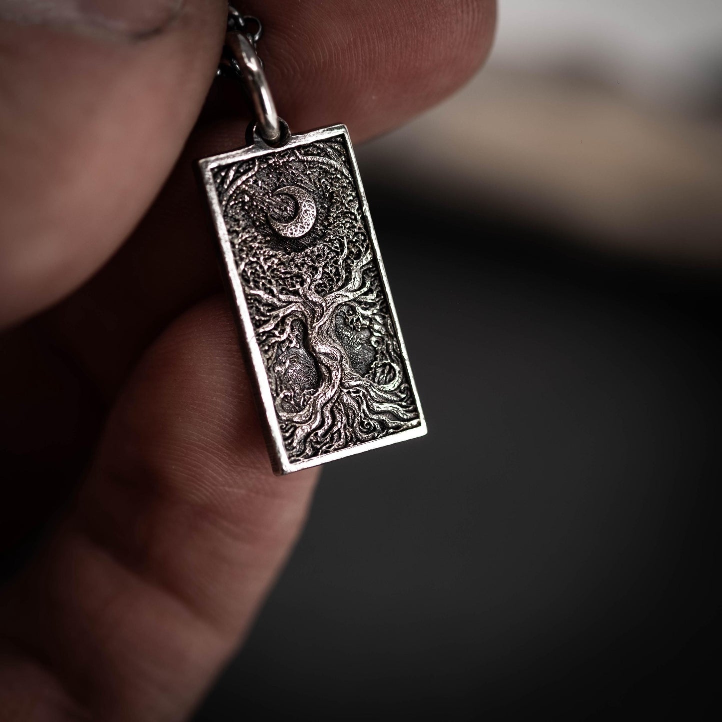 Silver Tree of Life and Moon pendant necklace, Unique mens jewelry, Personalized rustic necklace, men gift