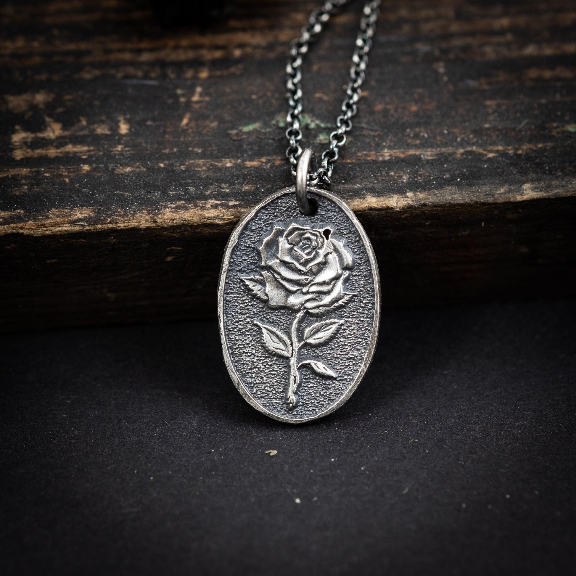 Silver Rose flower necklace, unisex handmade silver rustic jewelry, gift for men, mens necklace