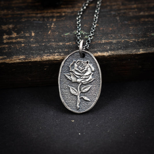 Silver Rose flower necklace, unisex handmade silver rustic jewelry, gift for men, mens necklace