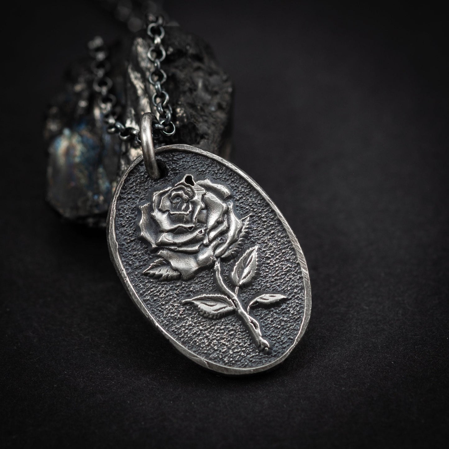 Silver Rose flower necklace, unisex handmade silver rustic jewelry, gift for men, mens necklace