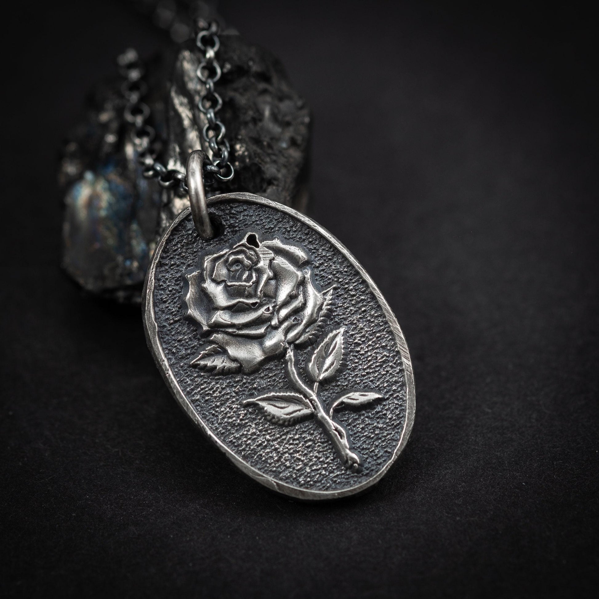 Silver Rose flower necklace, unisex handmade silver rustic jewelry, gift for men, mens necklace