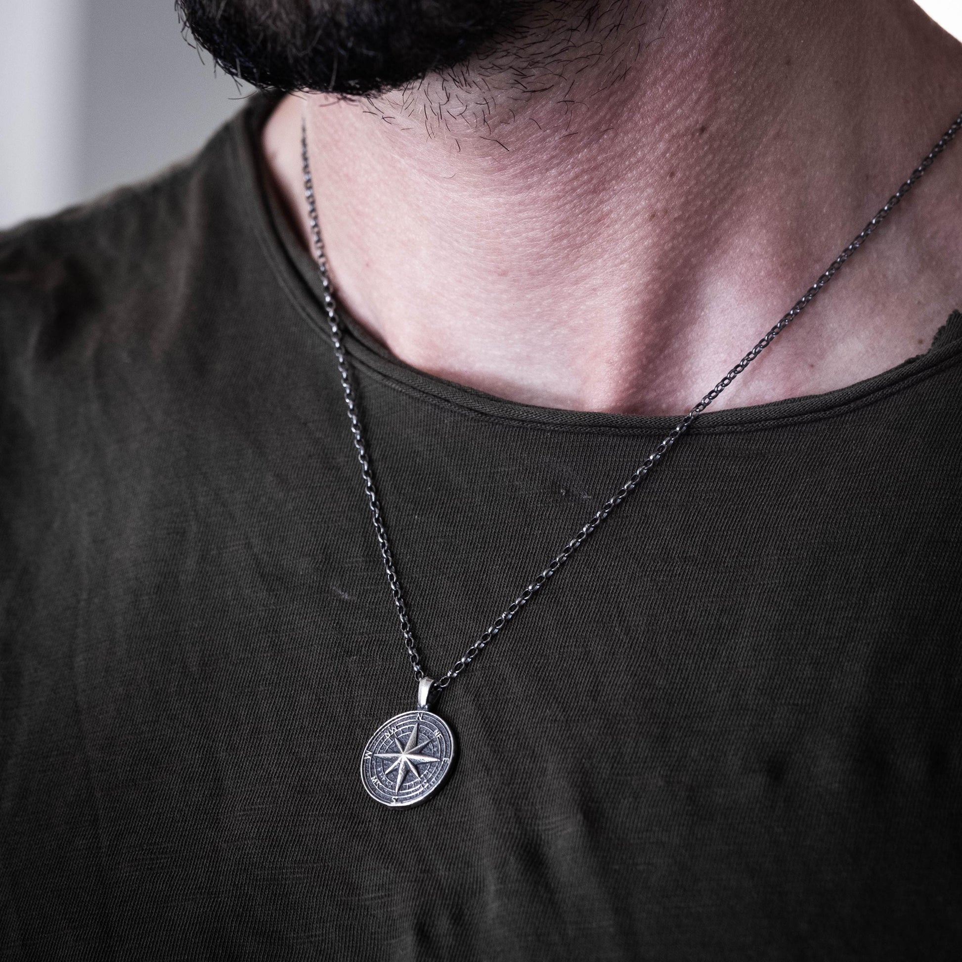 Silver Compass mens pendant necklace, Rustic Oxidized Silver Adventure handmade jewelry, Unique travel gift, Christmas gifts