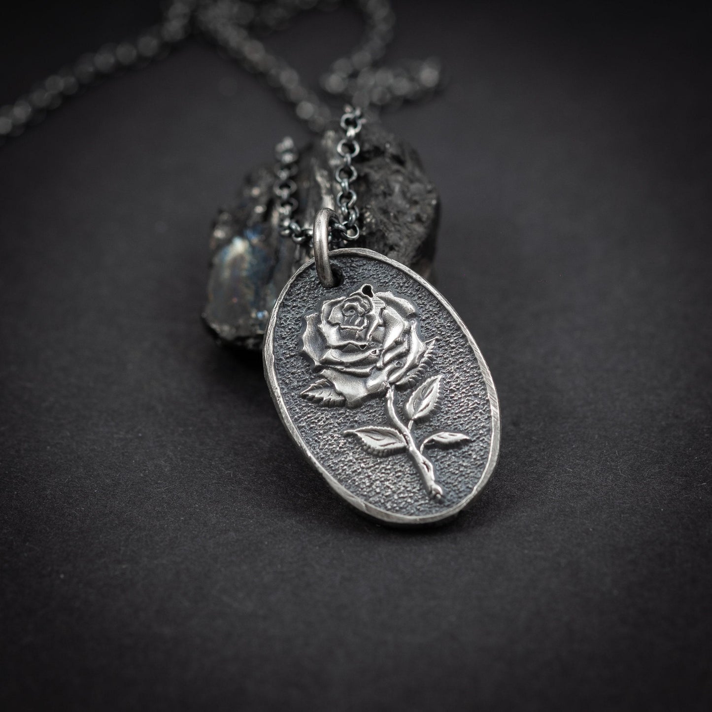 Silver Rose flower necklace, unisex handmade silver rustic jewelry, gift for men, mens necklace