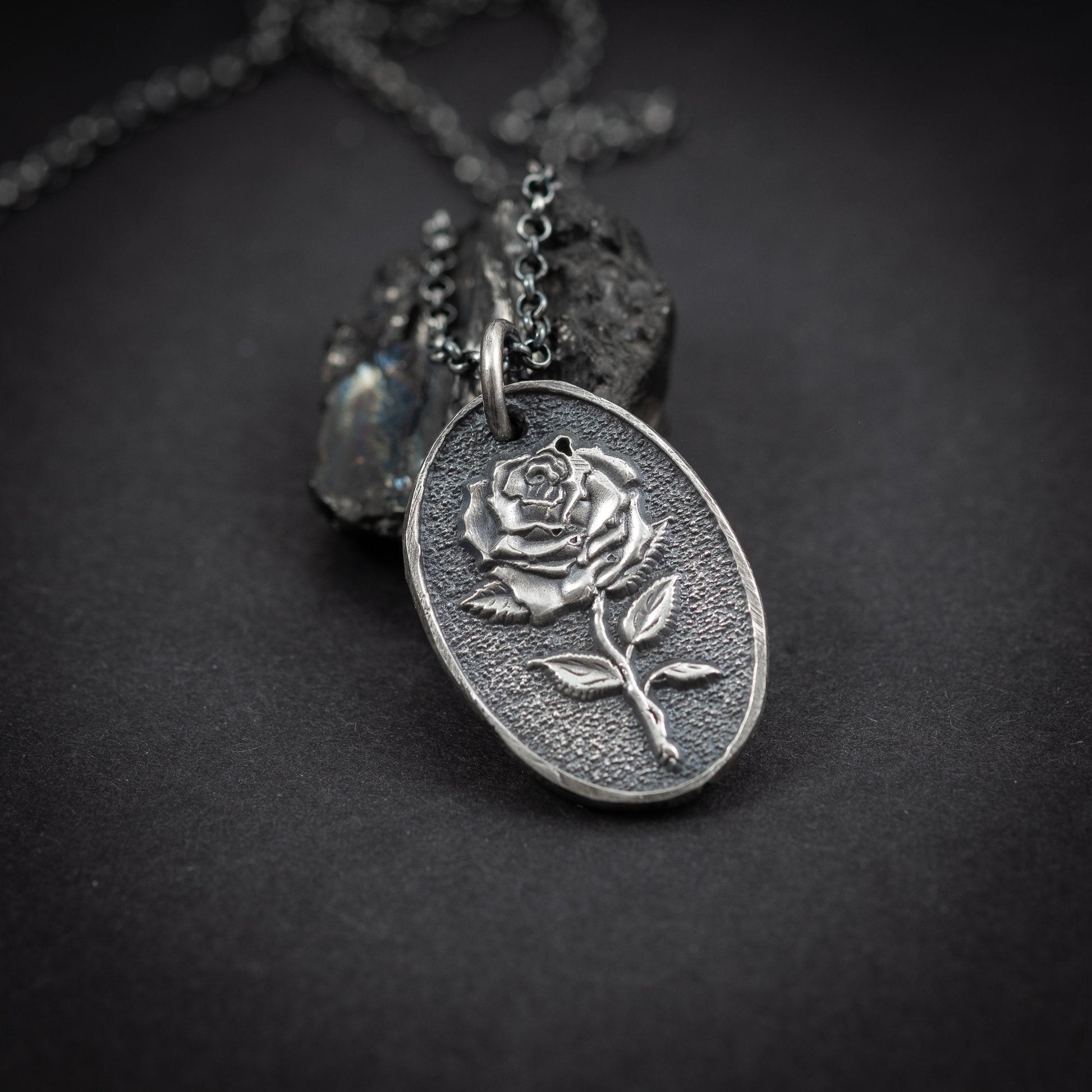 Silver Rose flower necklace, unisex handmade silver rustic jewelry, gift for men, mens necklace