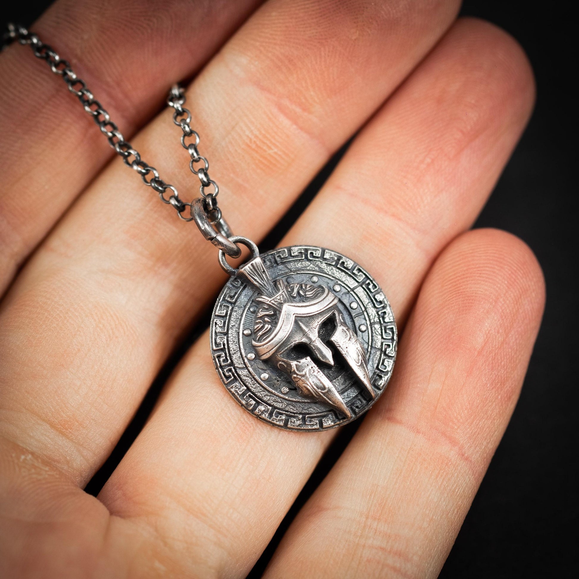 Men's Silver Spartan Warrior Helmet Pendant – Greek Inspired Necklace, Symbol of Strength and Courage, Unique Gift for Him