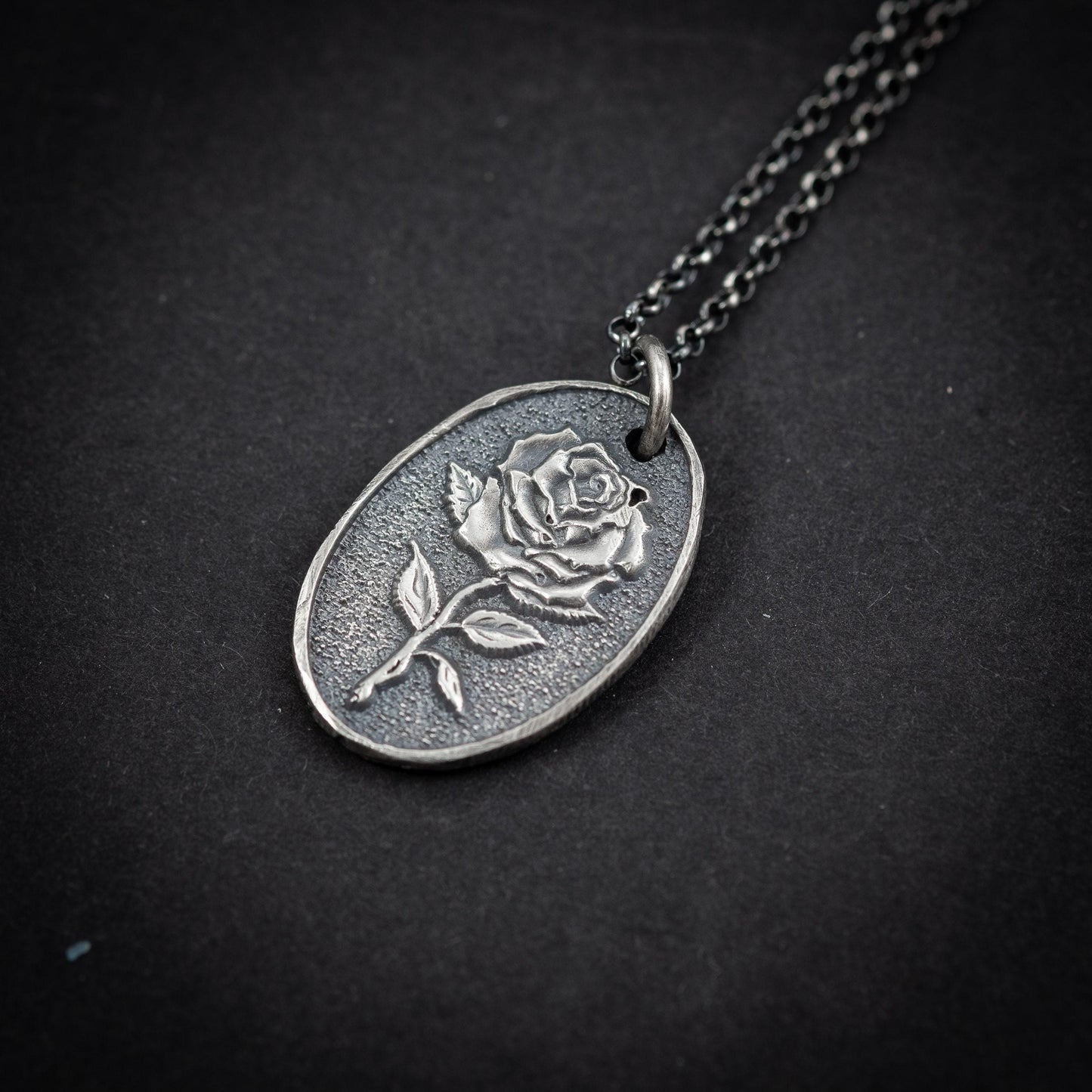 Silver Rose flower necklace, unisex handmade silver rustic jewelry, gift for men, mens necklace