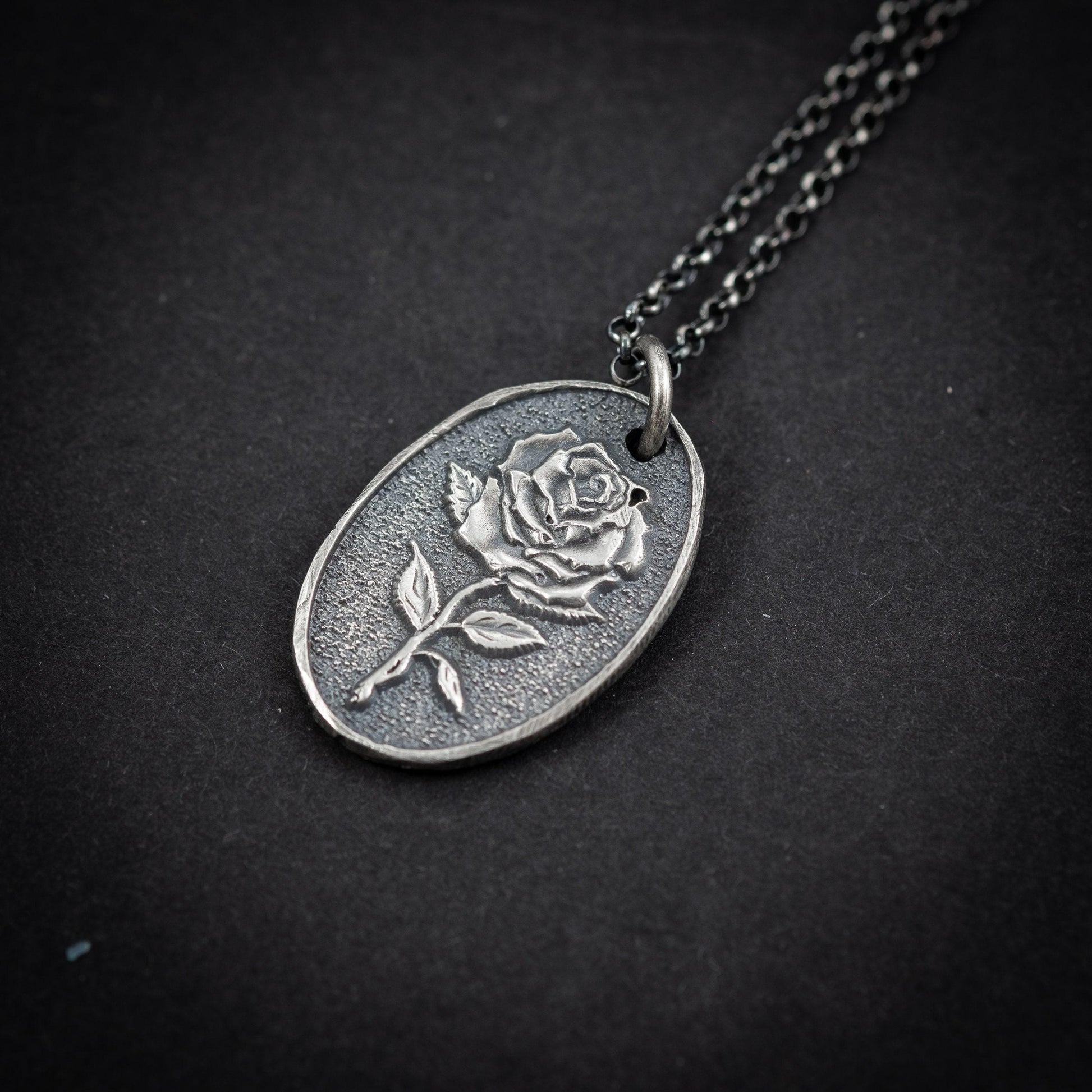 Silver Rose flower necklace, unisex handmade silver rustic jewelry, gift for men, mens necklace