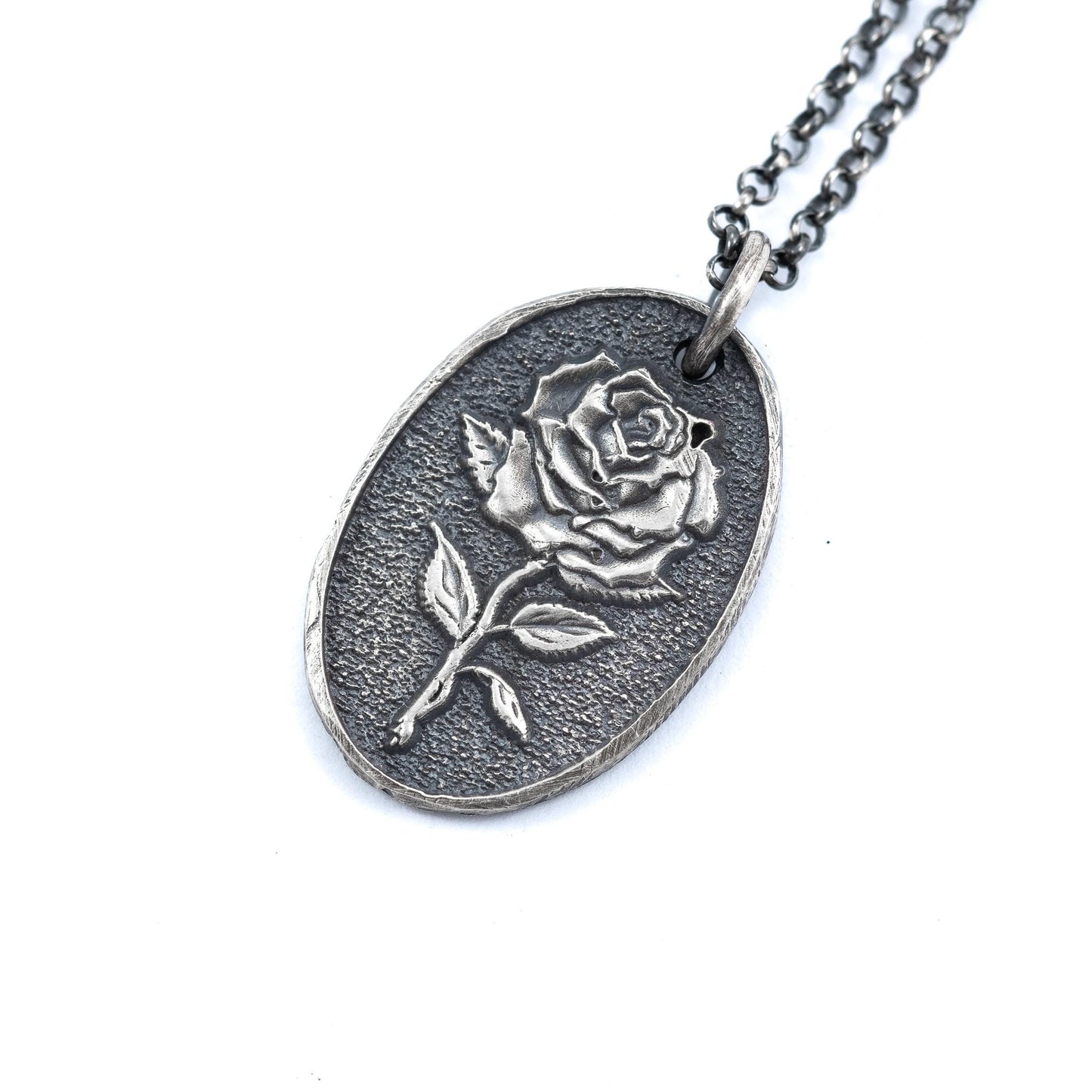 Silver Rose flower necklace, unisex handmade silver rustic jewelry, gift for men, mens necklace