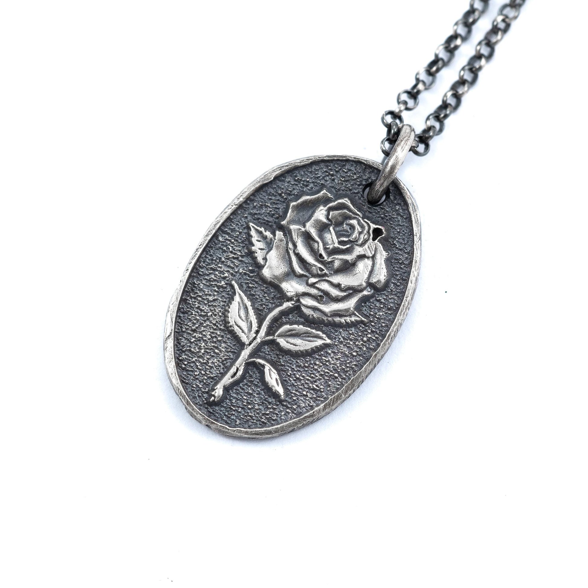 Silver Rose flower necklace, unisex handmade silver rustic jewelry, gift for men, mens necklace
