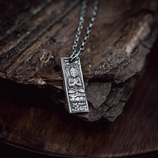Silver Rustic Buddha Meditation Necklace, Buddhist Yoga Handmade Spiritual Jewelry, Mindfulness Gift for Him, Anxiety Relief