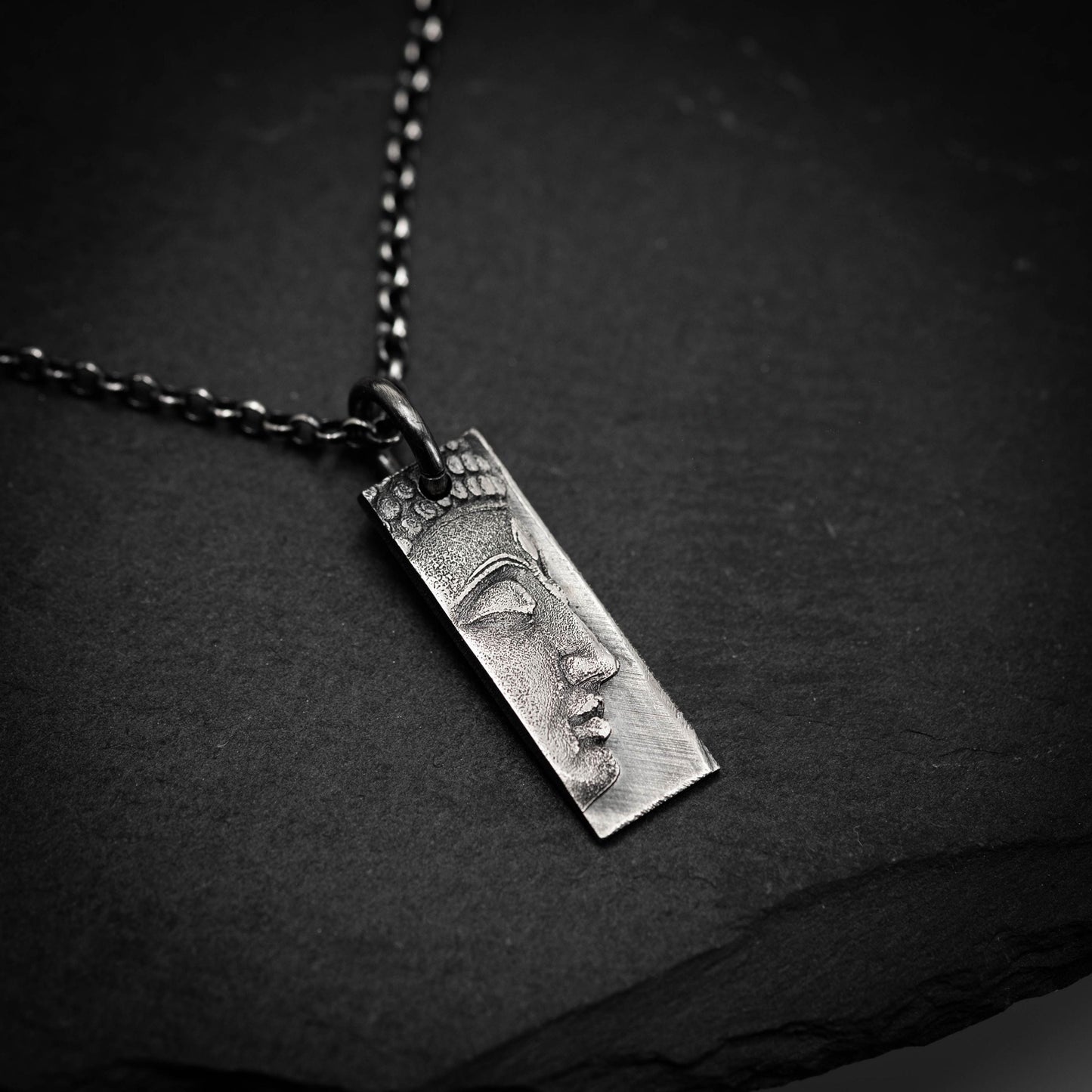 Sterling Silver Buddha Meditation Bar Necklace – Minimalist Rectangular Pendant, Oxidized Spiritual Jewelry